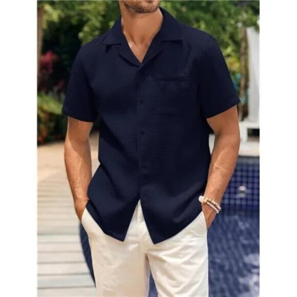 New Mens Waffle Button Down Shirt Navy Blue Cuban Short Sleeve Loose Fit Top - Picture 3 of 6